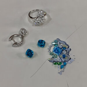 A pair of blue zircon gems being transformed into bespoke earrings atCalla Lily’s atelier in Singapore.