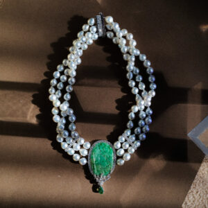 A restyled bespoke piece: strands of pearls with jadeite pendant