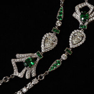 Detailed look of the tsavorites and diamonds with this restyled necklace.