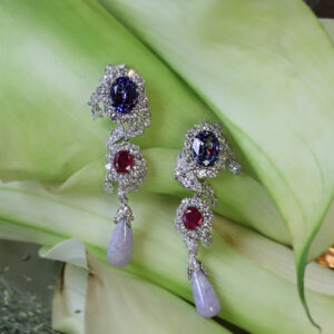 Custom made Tanzanite, Ruby and Lavender Jade earrings