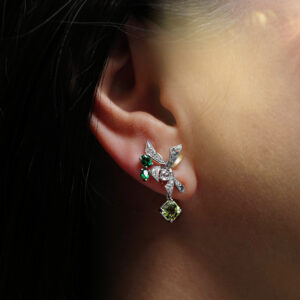 Tousled Ribbon tsavorite earrings worn with tourmaline dangles