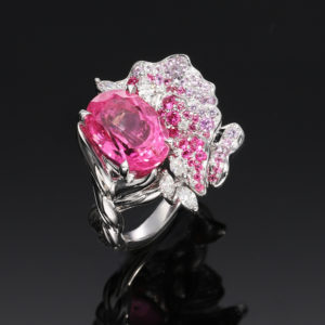 Vivid Pink Tourmaline Ring with Pink Spinels, Sapphires and Diamonds