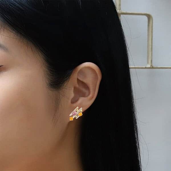 Linear Ray Earrings with Garnets and Sapphires