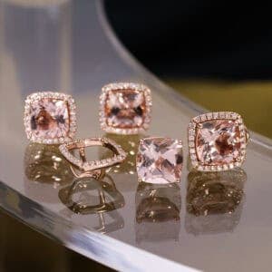 Morganite earring studs with detachable diamond halo jackets