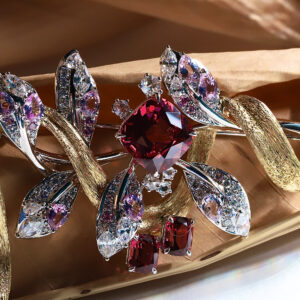 A close up of our red spinel brooch in all its mesmerising glory.