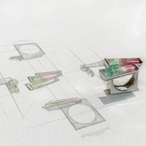 Watermelon tourmaline square ring and drawings
