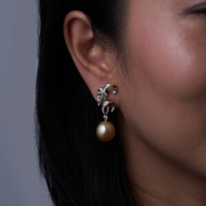 Sapphire willow earrings paired with modular pearl dangles