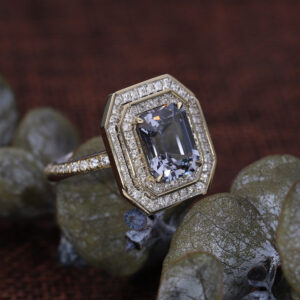 Art Deco style bespoke ring featuring a fine grey spinel