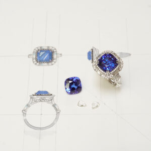 Our hand-drawn designs with the loose tanzanite gemstone, and the final ring.