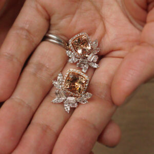 Modular morganite earring studs with detachable halos and jackets