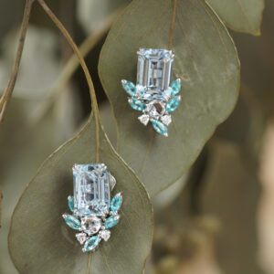 Aquamarine earring studs with paraiba and diamond jackets