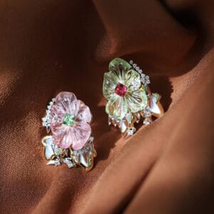 Bespoke Tourmaline Carving Earrings with Red Spinels, Merelani Mint Garnets, and Mother-of-Pearl