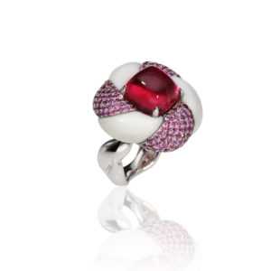 Cabochon Rubellite ring and brooch with pink Sapphire rounds and white Agate