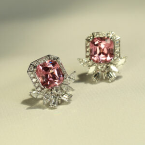 Luminous pink spinel bespoke earrings with diamonds.
