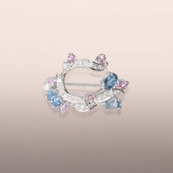 Aquamarine and Pink Sapphire Brooch with Diamonds