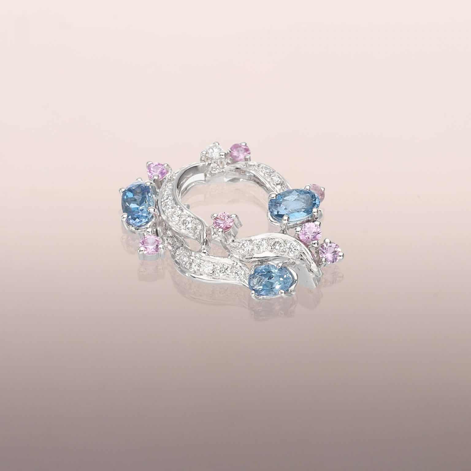 Aquamarine and Pink Sapphire Brooch with Diamonds