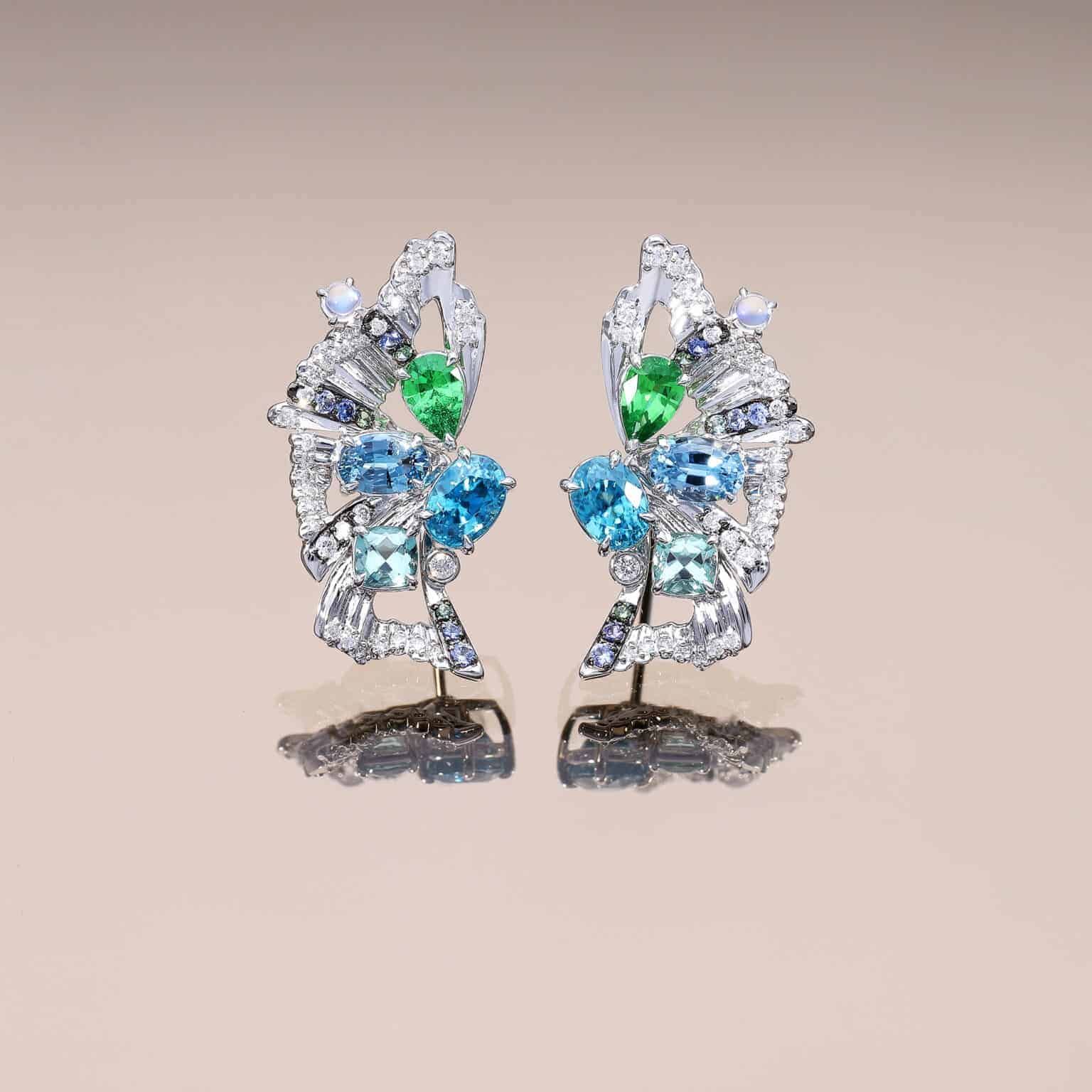 Blue Zircon and Tsavorite Butterfly Earrings