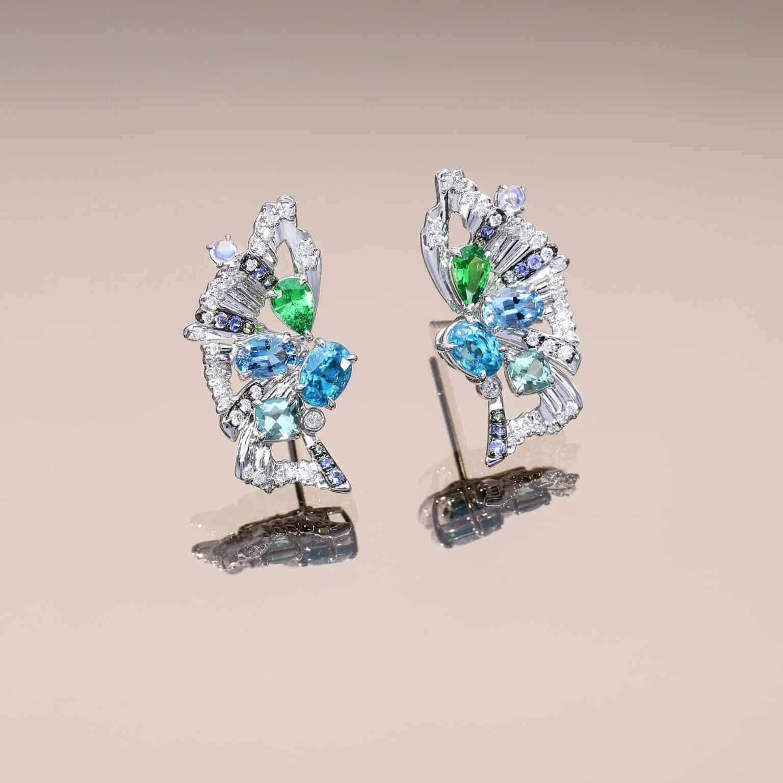 Blue Zircon and Tsavorite Butterfly Earrings