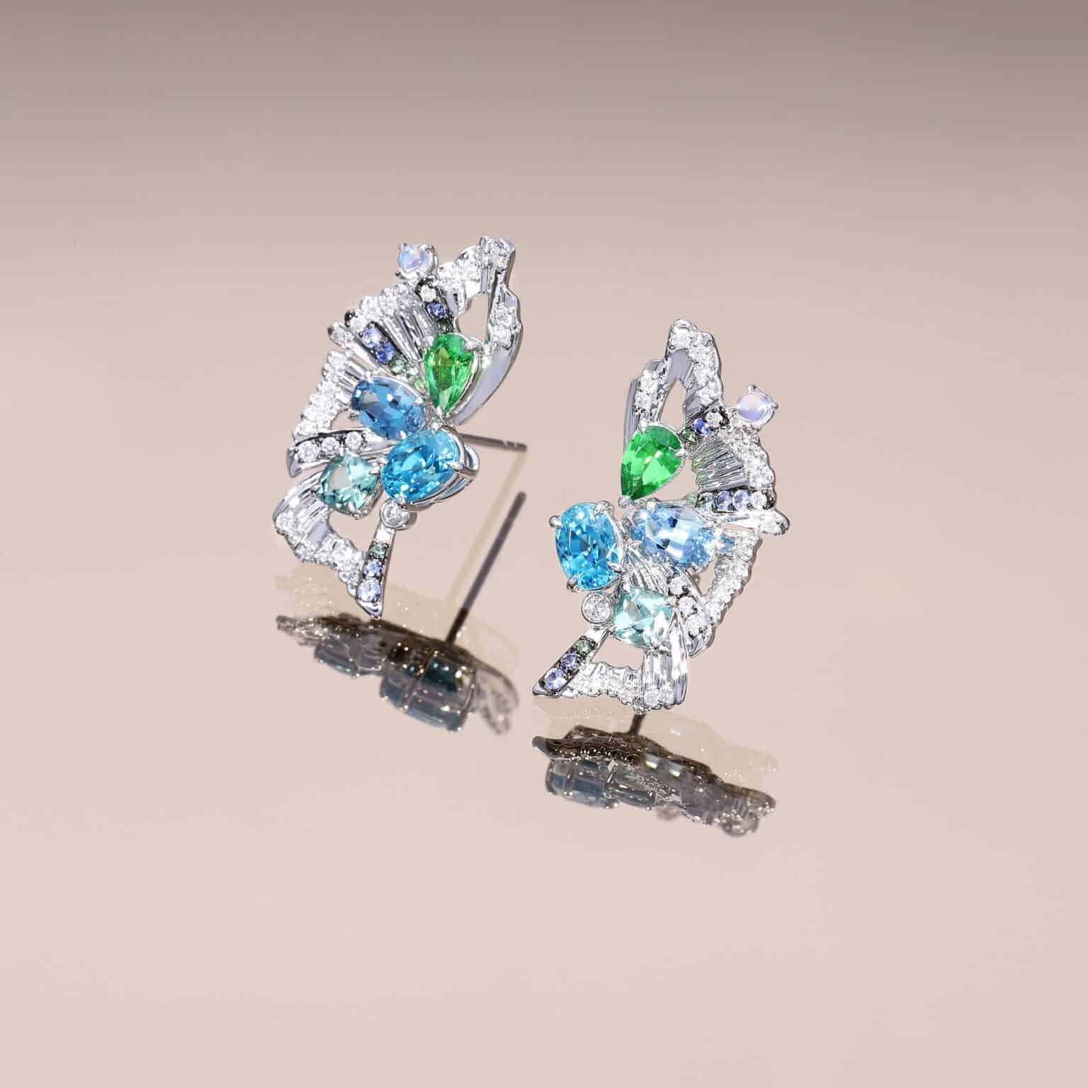 Blue Zircon and Tsavorite Butterfly Earrings