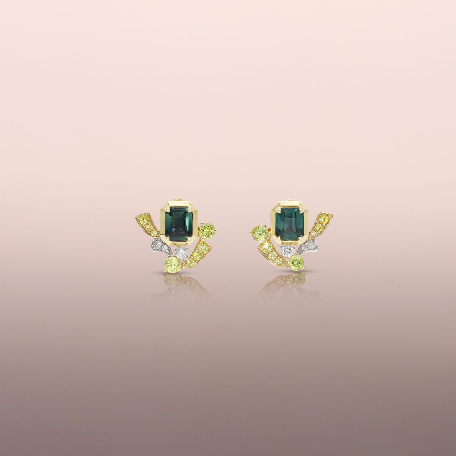 Green Sapphire Earring Studs with Yellow Sapphire Jackets