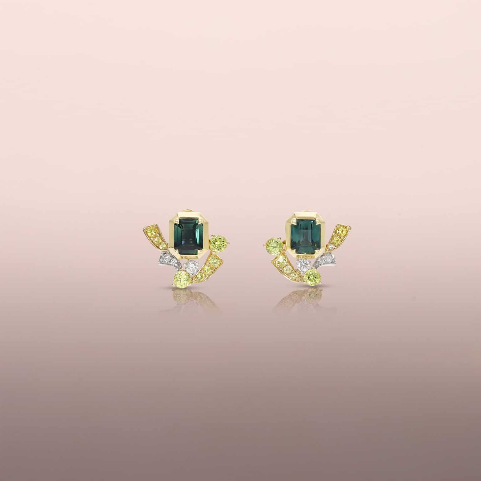 Green Sapphire Earring Studs with Yellow Sapphire Jackets