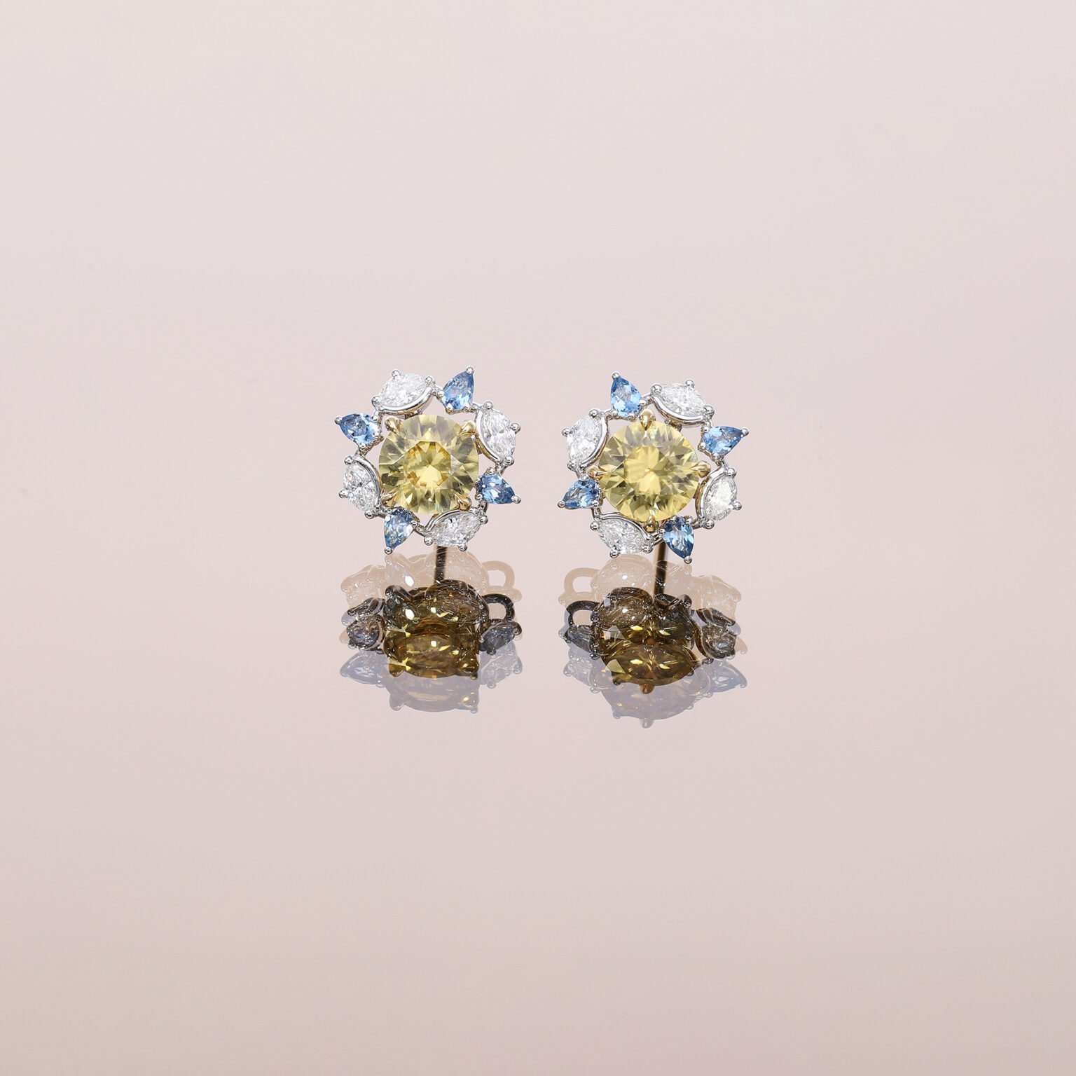 Yellow Zircon Earring Studs with Galaxy Earring Jackets with Aquamarines and Diamonds