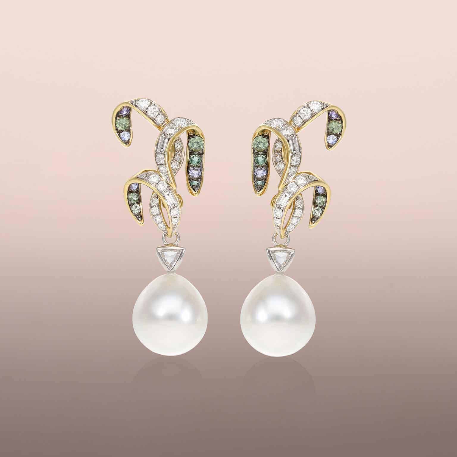 Pearl drops with rose cut trillion diamonds