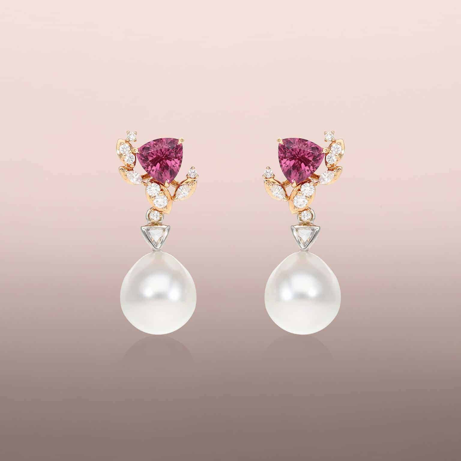 Pearl drops with rose cut trillion diamonds