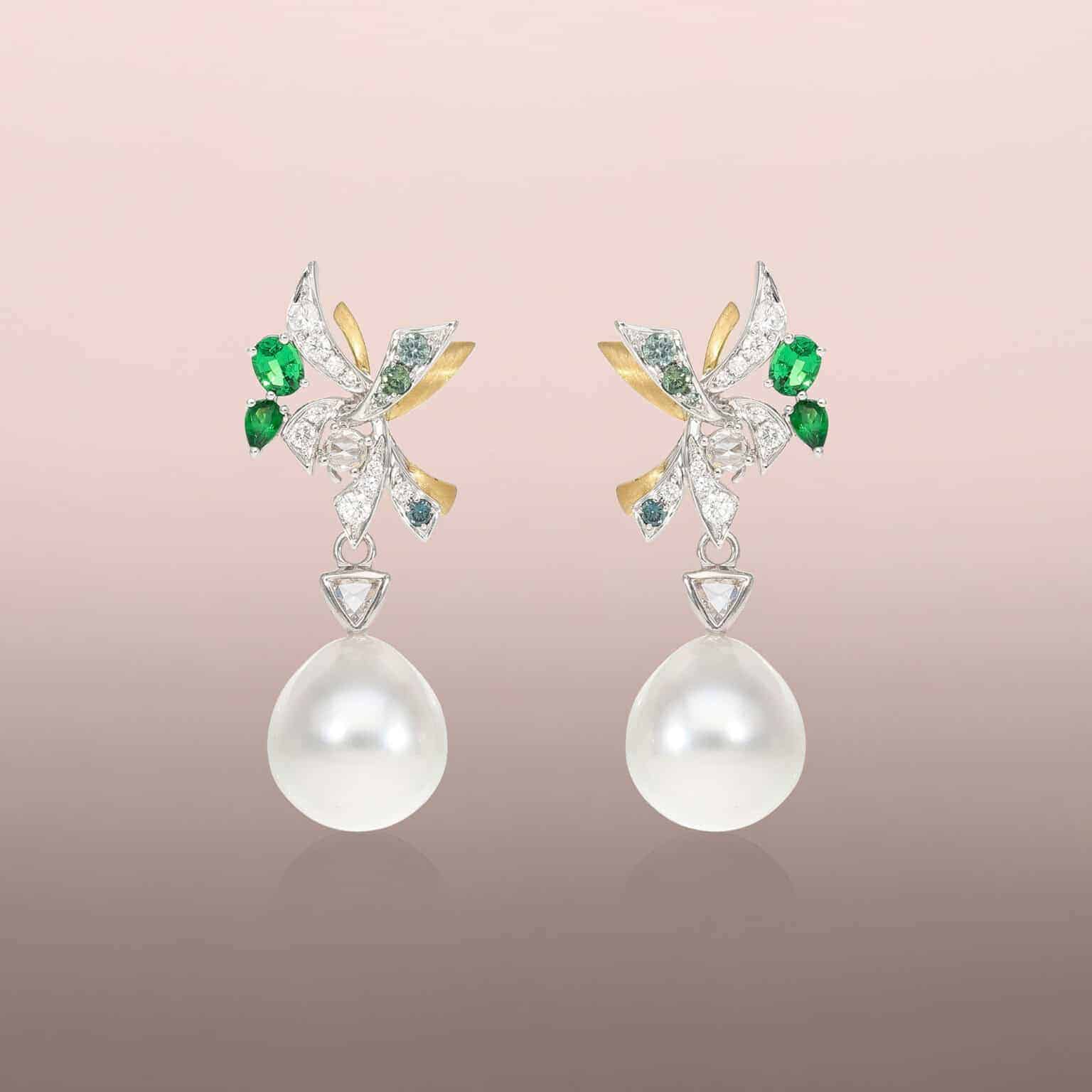 Pearl drops with rose cut trillion diamonds