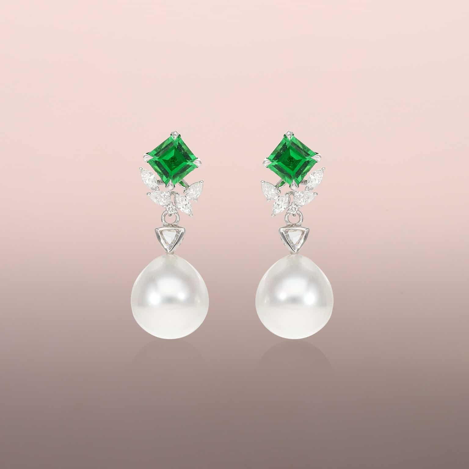 Pearl drops with rose cut trillion diamonds