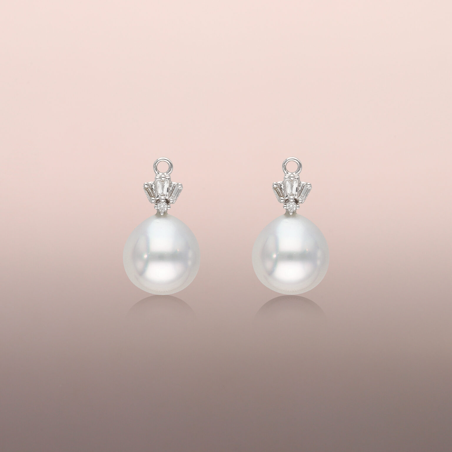 Pearl drop earrings with tapered baguette diamonds