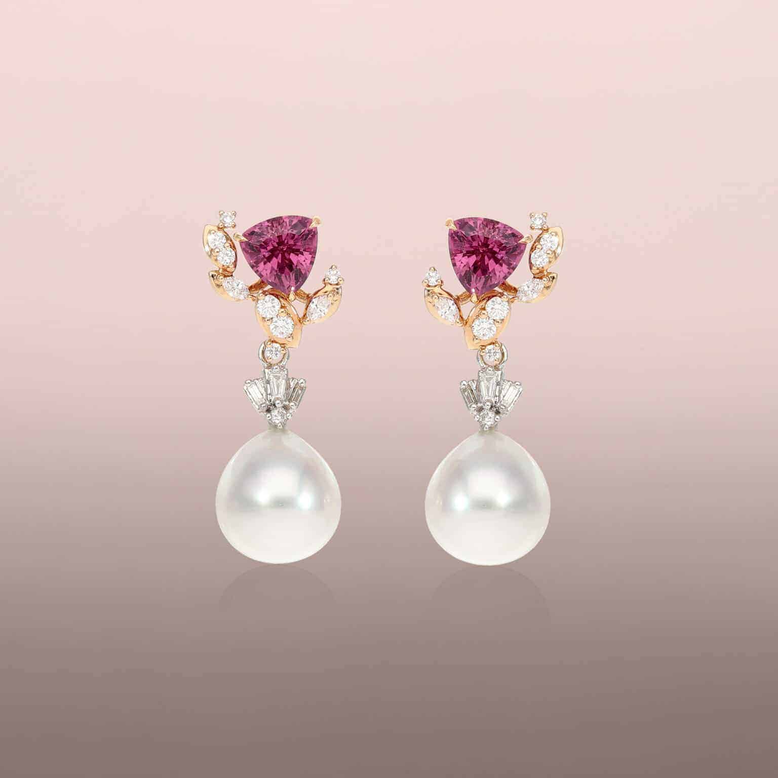 Pearl drop earrings with tapered baguette diamonds