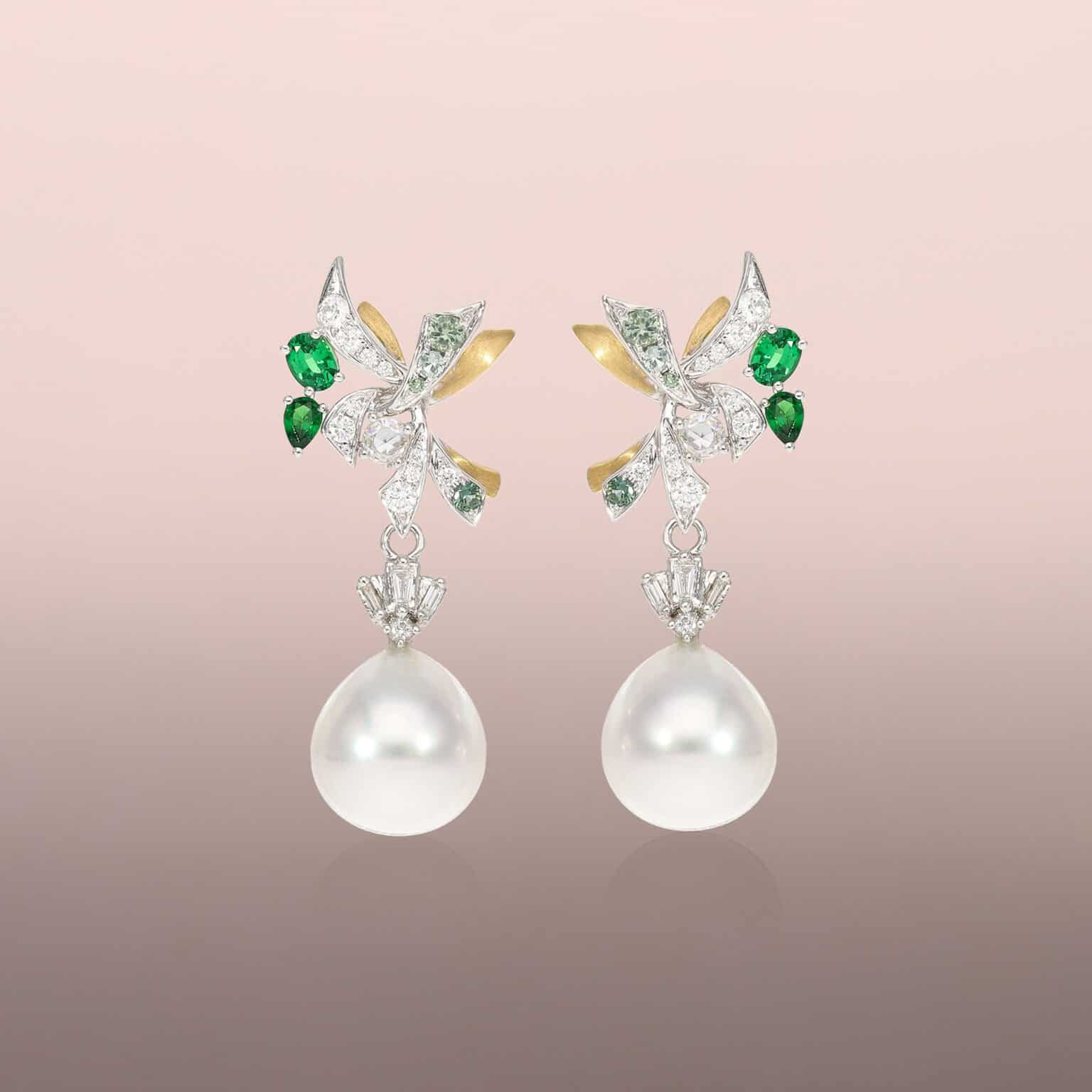 Pearl drop earrings with tapered baguette diamonds
