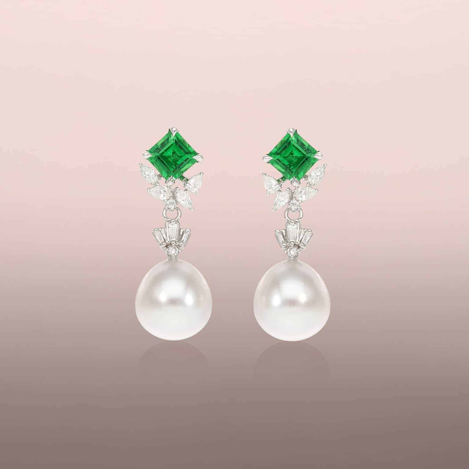 Pearl drop earrings with tapered baguette diamonds