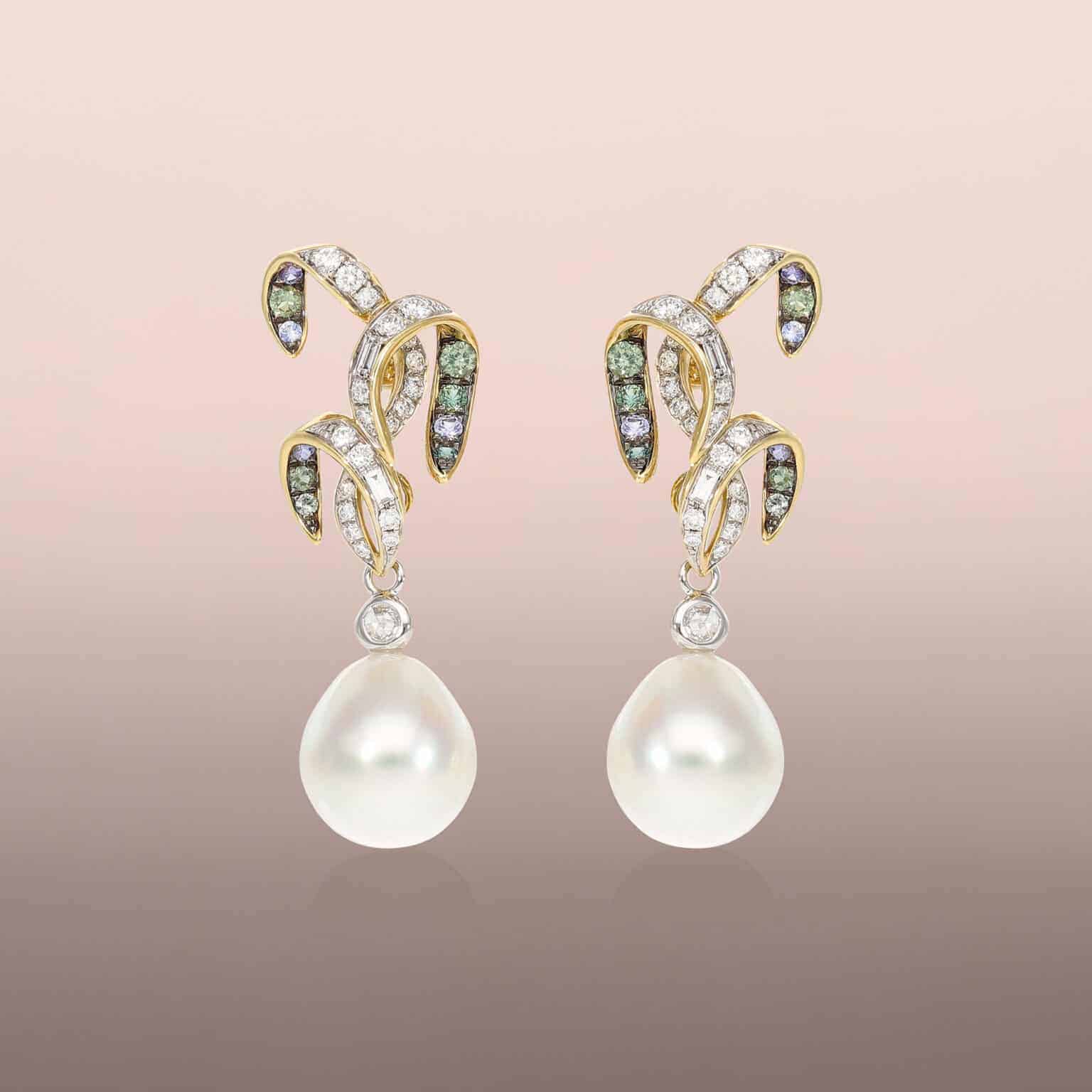 Pearl drop earrings with rose-cut round diamonds