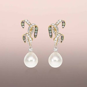 Pearl drop earrings with rose-cut round diamonds