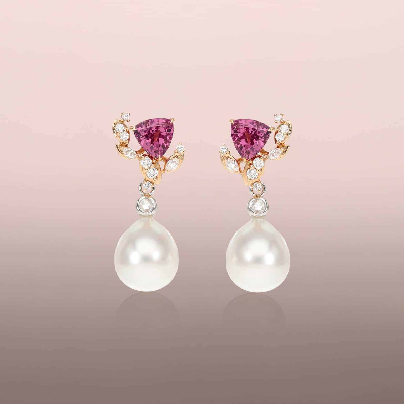 Pearl drop earrings with rose-cut round diamonds