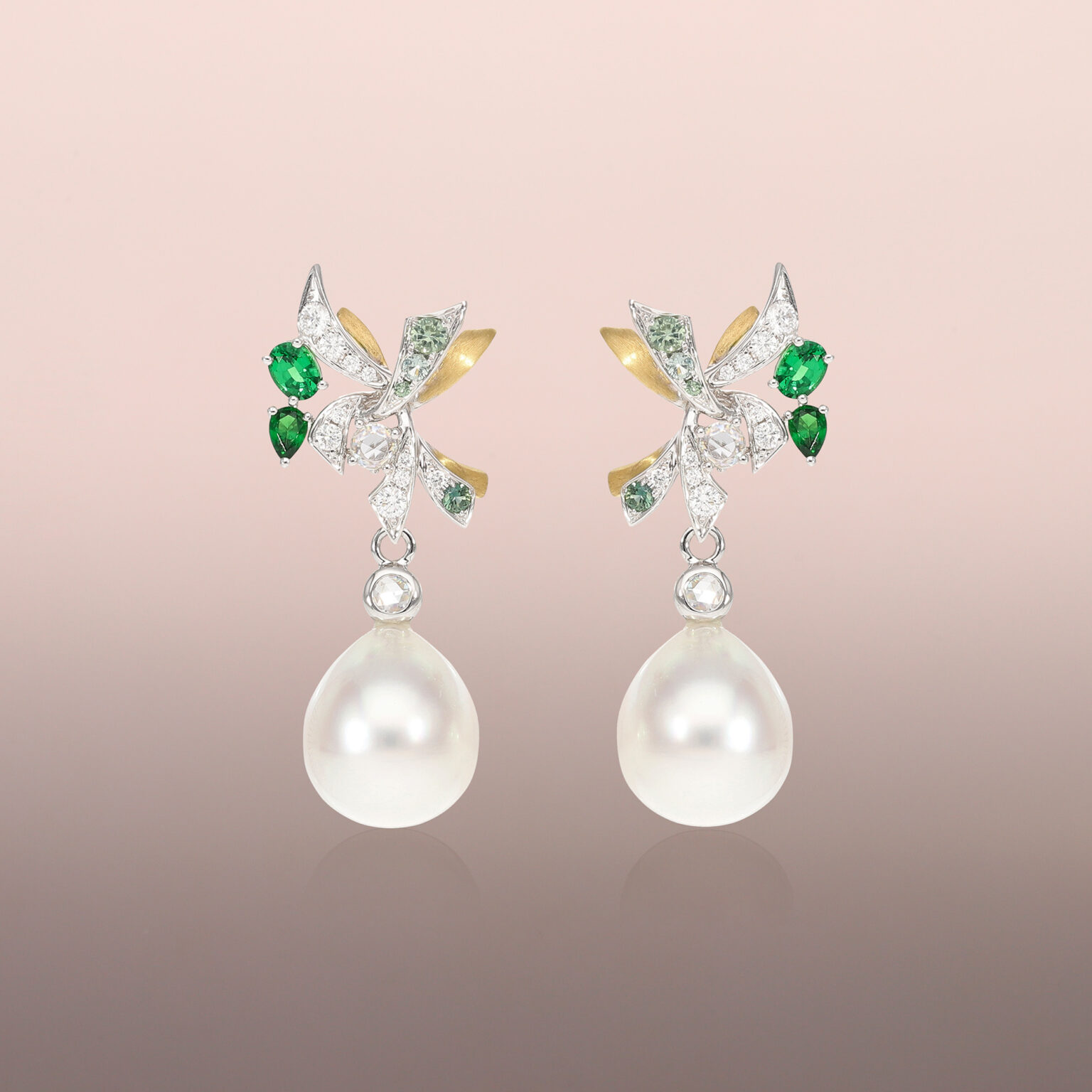 Pearl drop earrings with rose-cut round diamonds