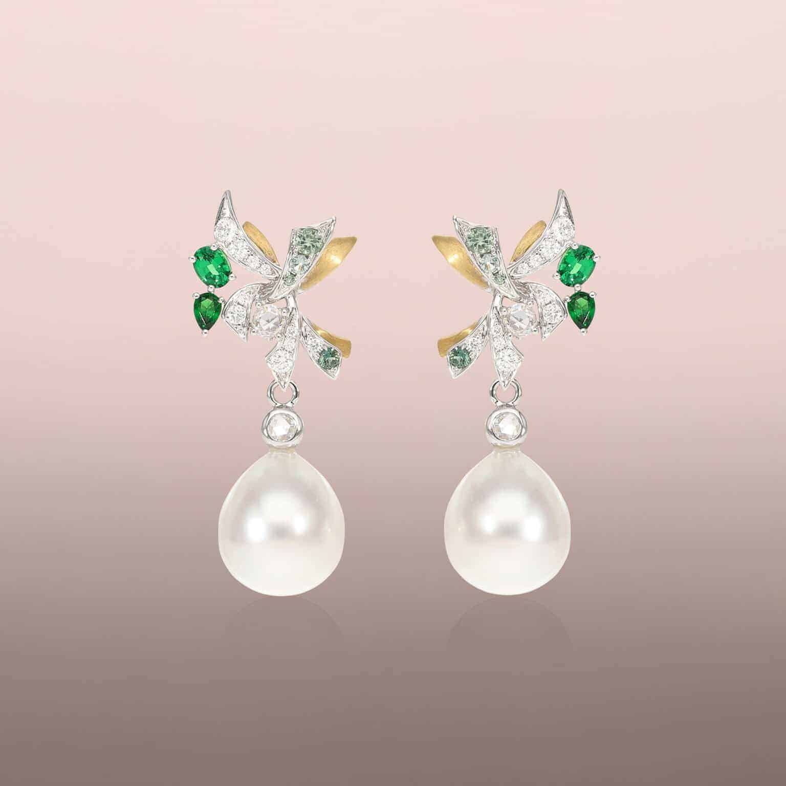 Pearl drop earrings with rose-cut round diamonds