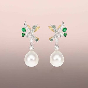 Pearl drop earrings with rose-cut round diamonds