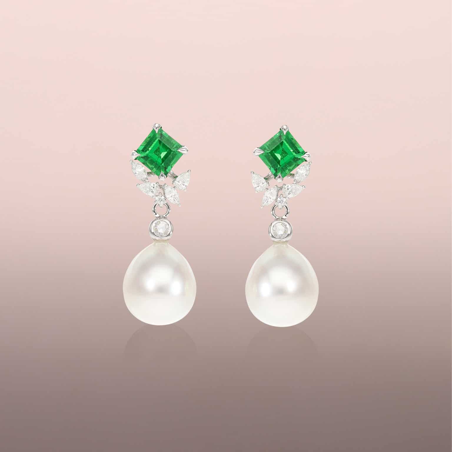 Pearl drop earrings with rose-cut round diamonds