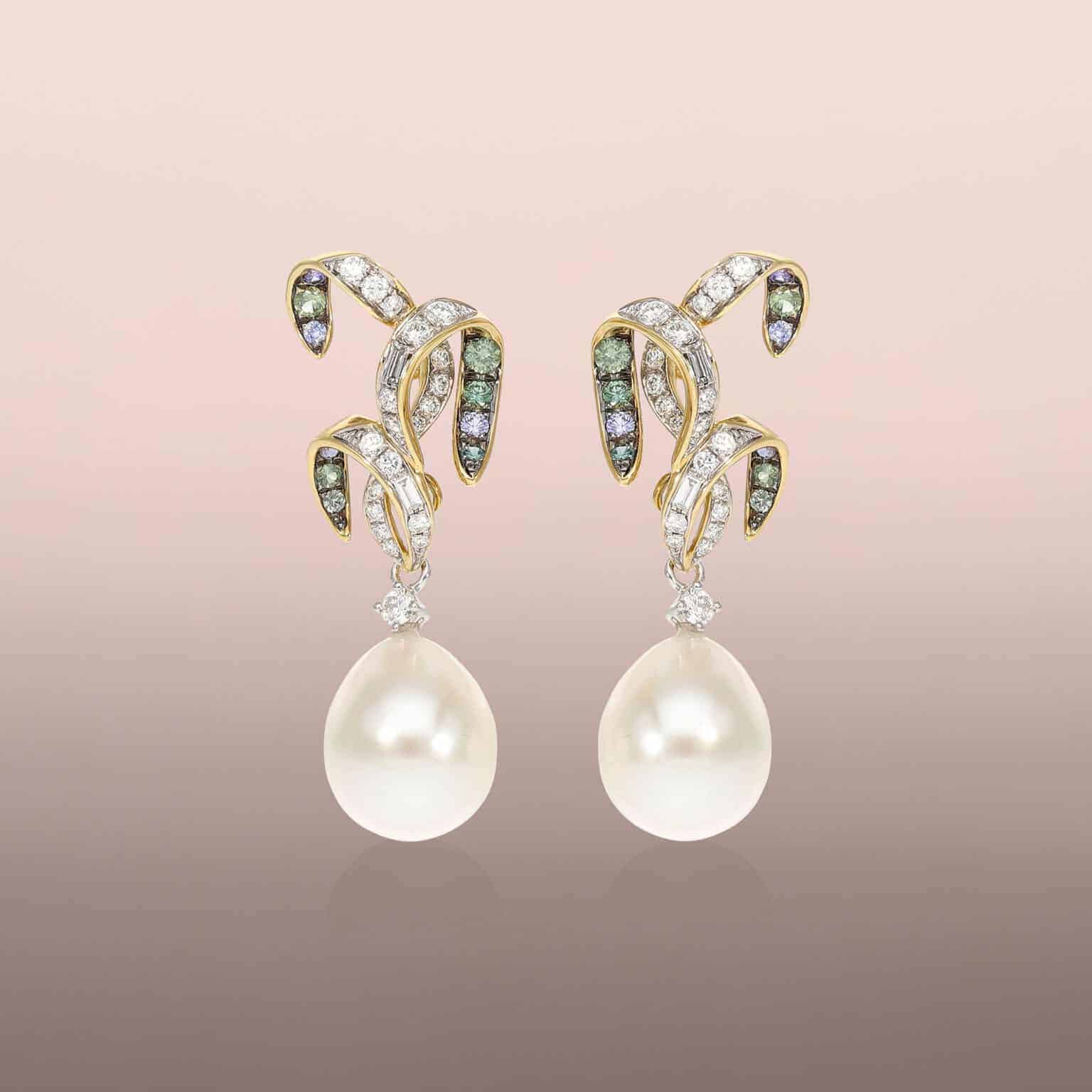 Pearl drop earrings with round brilliant diamonds