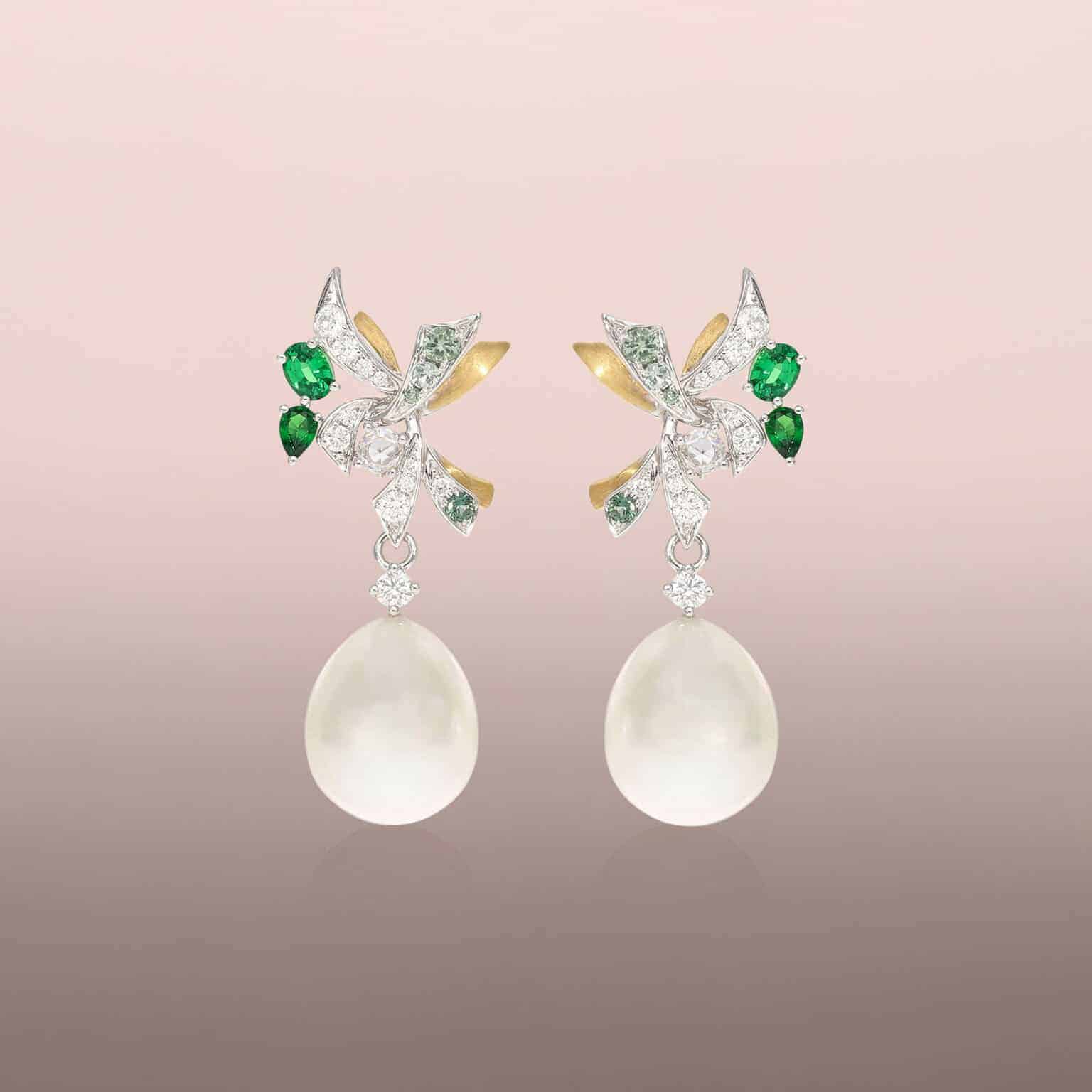 Pearl drop earrings with round brilliant diamonds