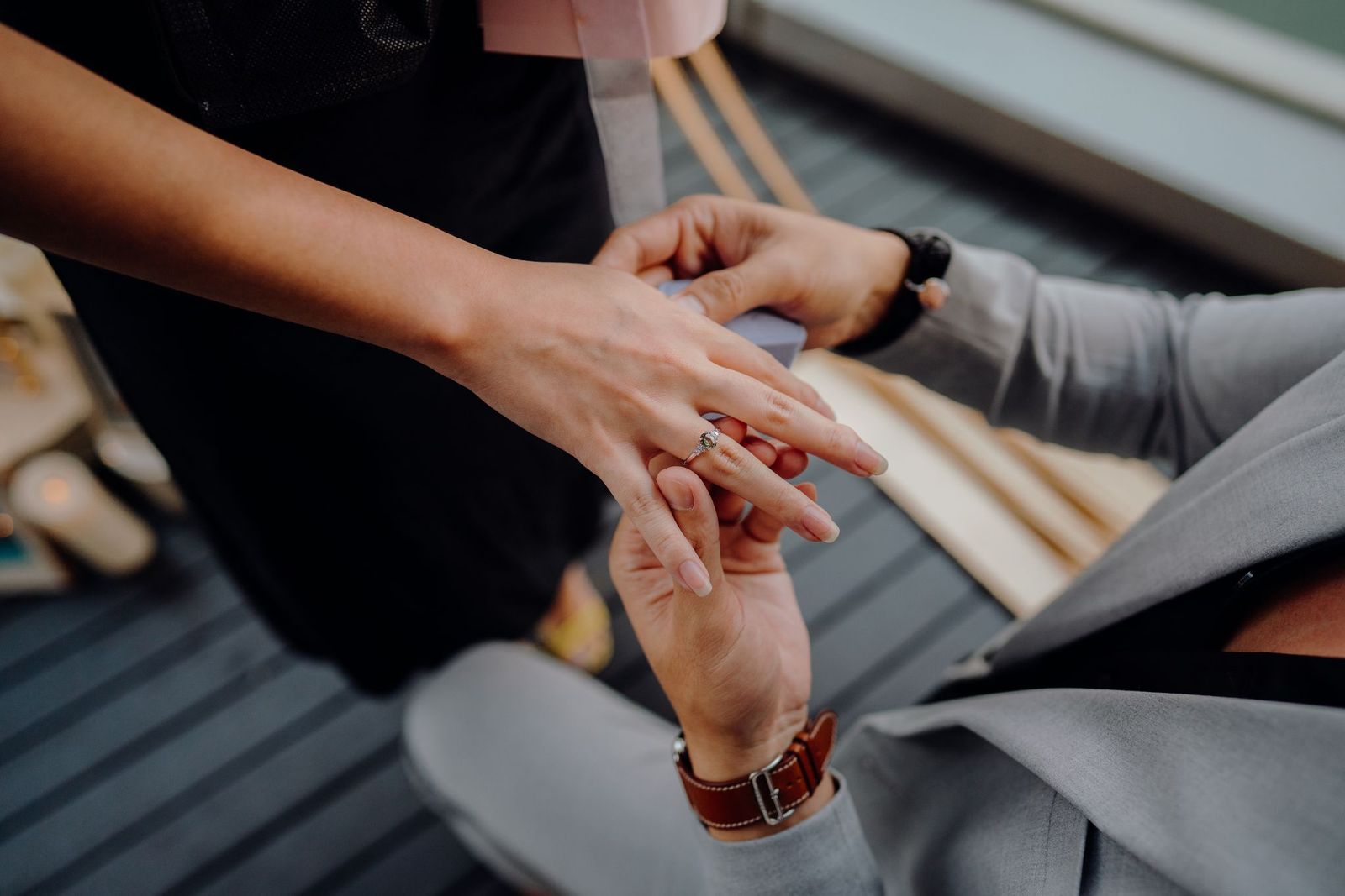 Close-up of a bespoke diamond ring, reflecting the personal design process behind engagement and wedding jewellery.