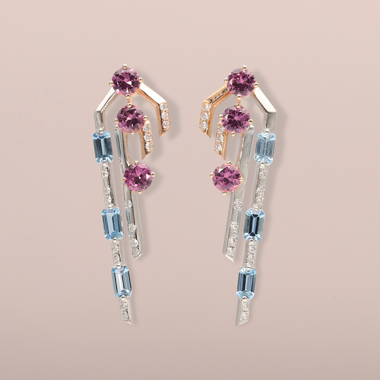 Aquafine Aquamarines, Malaia Garnets and Diamond Earrings
