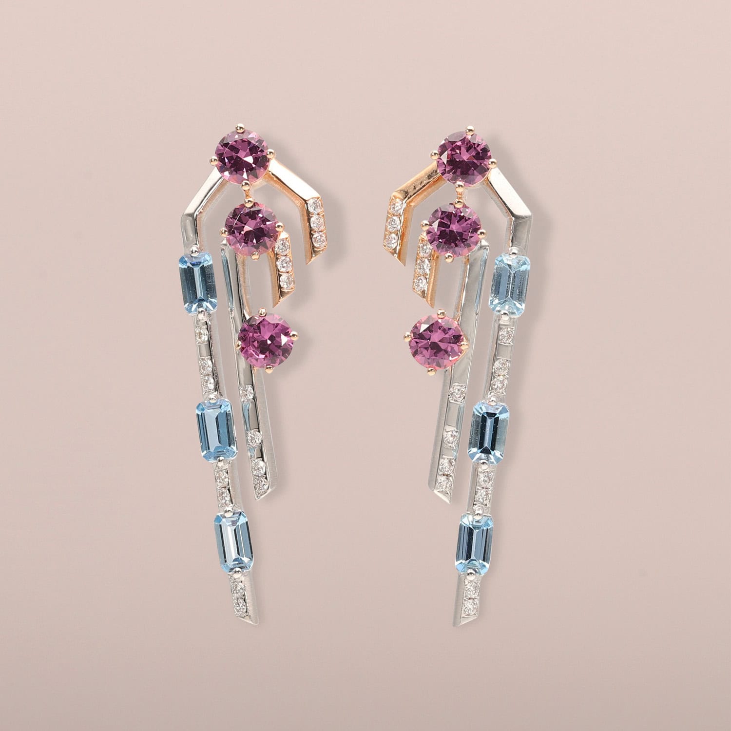 Aquafine Aquamarines, Malaia Garnets and Diamond Earrings