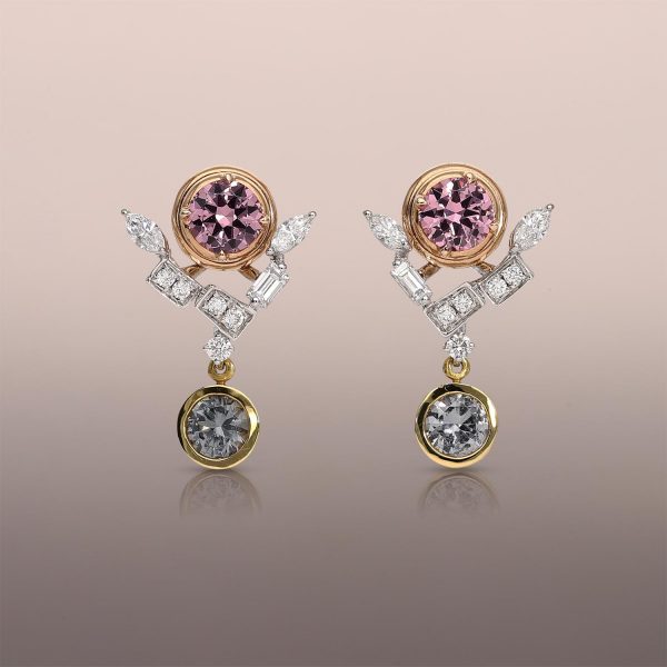 Malaia Garnet Earring Studs with detachable Diamond Jackets and Grey Spinel drops
