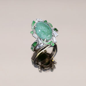 Jade ring in 18k white gold with tsavorites and fancy-cut diamonds