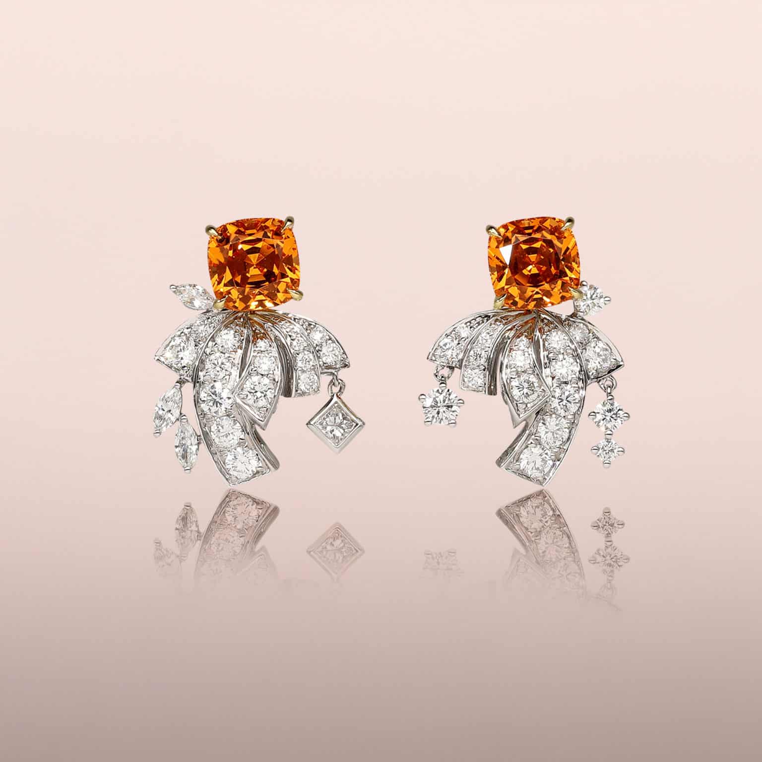 Made to order Mandarin Garnet Earring studs with detachable Diamond Fountain Jackets Bespoke Jewellery Calla Lily Fine Jewellers