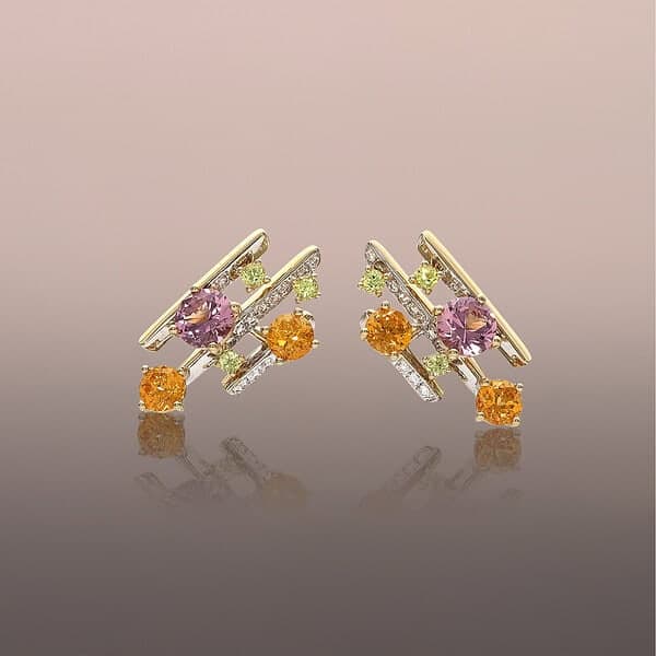 Linear Ray Earrings with Garnets and Sapphires